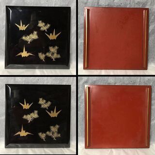 e631 重箱 盆 木製 漆塗 蒔絵 若松折鶴蒔絵 二段重箱 蓋2枚 盆2枚 木箱入り 