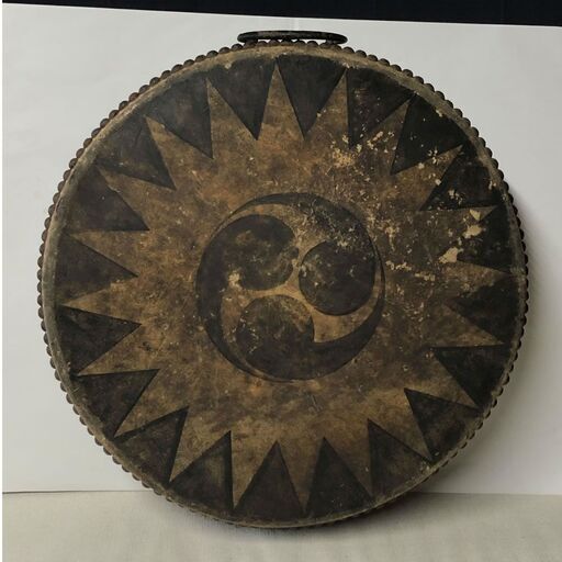 e679 古い太鼓 直径36cm 三つ巴家紋 和太鼓 時代 平太鼓 陣太鼓 太鼓
