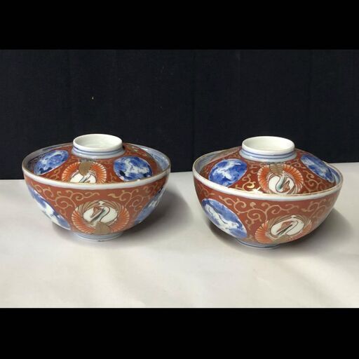 e693 古伊万里 蓋付 色絵 すすり碗 2客 赤絵 飯茶碗
