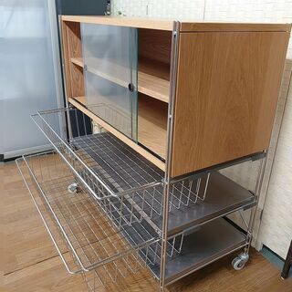 h無印良品ステンレスユニットシェルフ オーク材 ガラス引き戸 バスケット MUJI 収納家具 店頭引取大歓迎♪ R3382)