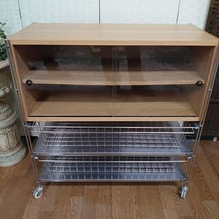 h無印良品ステンレスユニットシェルフ オーク材 ガラス引き戸 バスケット MUJI 収納家具 店頭引取大歓迎♪ R3382)
