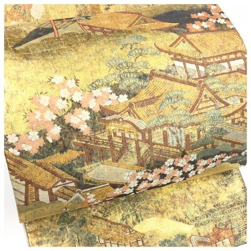 ◇美品　高級袋帯◇　寺院　風景模様　帯前　柄違い　お洒落　正絹　袋帯　長さ423cm　リサイクル