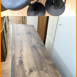 引取限定】木目カウンターテーブル 黒×茶 椅子2個付き【小倉南区葛原