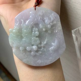 本翡翠ペンダント ミャンマー産 ラベンダー 緑 梅の花 スズメ