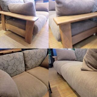 【中古品】ナガノインテリア　ウォールナット無垢材　2シーターソファ　ブラウン　リーフ柄