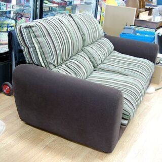 2人掛けソファ ブラウン×グリーン×ストライプ 幅185×奥行90×高