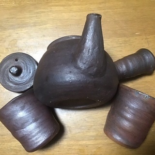 島武己（1943〜）南蛮荒焼き、急須コップセット「本部阿弥陀古窯」「中