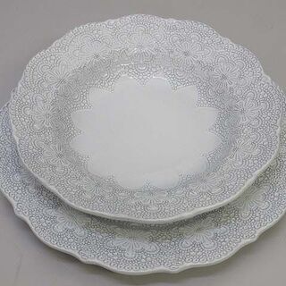 ss2427【中古】　ブランディボワール　スープ皿＆ディナープレート　10枚セット 　BLANC D\'IVOIRE　レース柄　　ホワイト　ハンドメイド　洋食器 　　洋風　食器　陶器　皿　華やか　MADE IN ITALY　インテリア