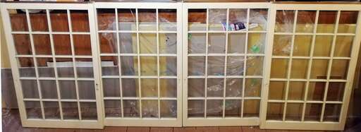 ◆古い 木製 窓 4枚 72×113.5×3 クリーム色/建具 引戸 格子 古民家 レトロ アンティーク/ヴィンテージ/リノベーション/リフォームDIY