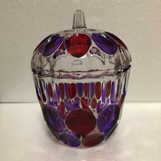赤色紫色入り切子風ガラス　シュガーポット