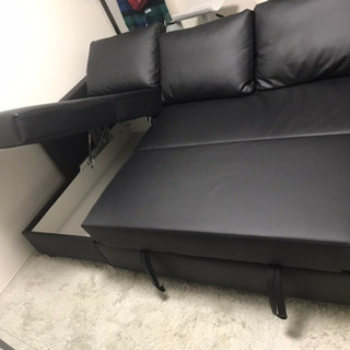 美品】黒合皮ソファーベッド
