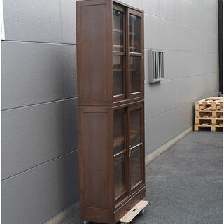 レトロ食器棚 木製 ガラス引き戸 水屋 収納 台所【YY0501-2】