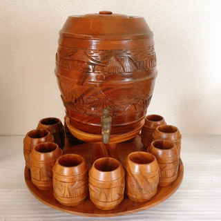 【ネット決済・配送可】木製　彫刻　バレル　樽　　酒器セット　茶器...