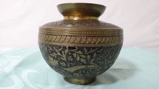 ★ 年代物 稀少レア 小物入れ 壺 花瓶 花と孔雀 民族工芸品 インテリア INDIA ★