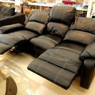 札幌市/清田区 3P電動リクライニングソファ 3人掛け 合皮 黒 ブラック