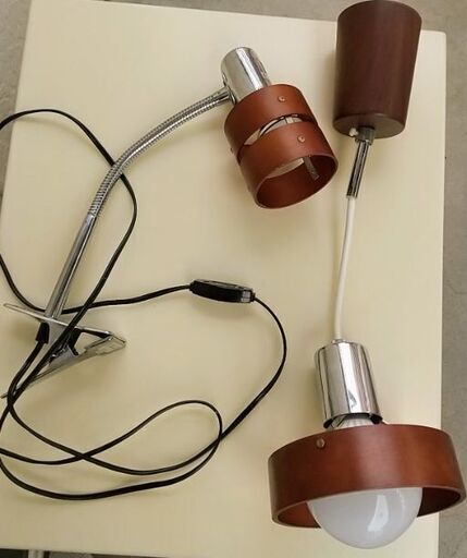 【照明器具２点セット】木製シェードのペンダントライト ＋ クリップライト (おまけの電球付き☆)