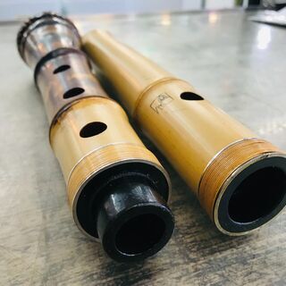 容山作 尺八 45cm 2印 歌口金縁 藤巻き銀三線