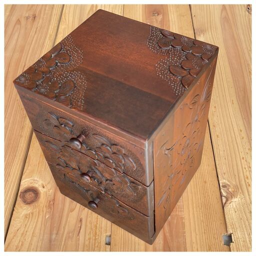 軽井沢彫り　長野県　伝統工芸　ビンテージ　和　三段引き出し　一点もの　手作り 軽井沢彫り 長野県 伝統工芸 ビンテージ 和 三段引き出し 一点もの 手作り