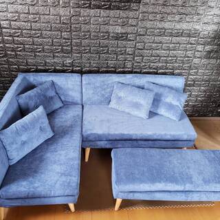 【未使用・訳アリ】カバーリング ソファダイニング・左肘アームソファ＋２Ｐ＋ベンチセット・ネイビー・4038