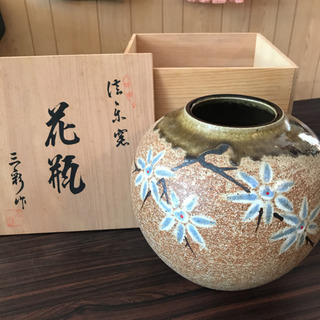 【信楽焼】三彩作　水花7号丸花瓶　LC187 木箱付　陶器　花器...