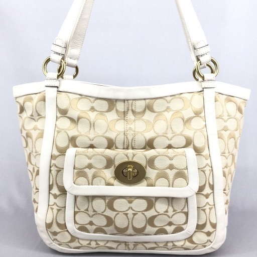 COACH コーチ 白レザー×シグネチャーオープントートバッグ 日本未発売モデル ターンロック 肩かけショルダー レアモデル