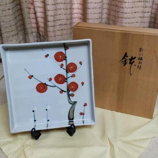 粉引 梅紋様 鐘山作 角皿 四角 飾皿