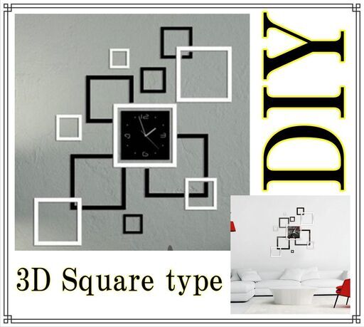 #新品【DIY】マルチ ウォールクロック スクエア型 ミラー 3D Wall clock ムーブメント モダン アクリル ショップ オフィス アクセサリー リビング 店舗やオフィス・事務所【受け渡しのみ】2477