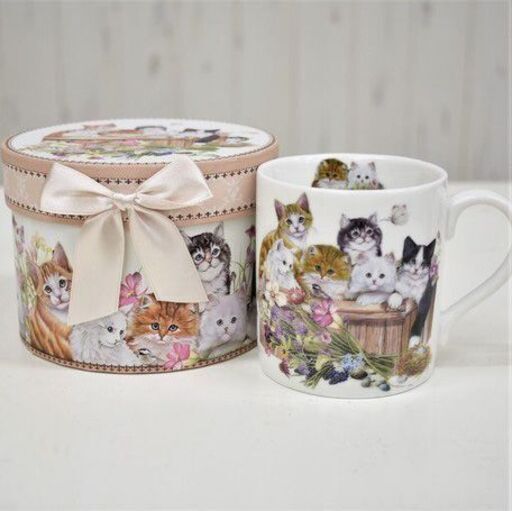 SD063-2◆)ネコと花柄 ギフトBOX入り マグカップ 新品【取りに来られる方限定】