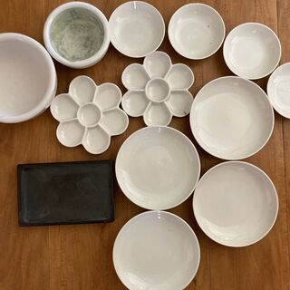 【終了】陶器製パレット、絵皿、乳鉢、硯（日本画画材等）