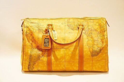 【苫小牧バナナ】PRIMA CLASSE/プリマクラッセ 2Way 大容量 ボストンバッグ 地図柄 キャメル 旅行バッグ 使用感少♪