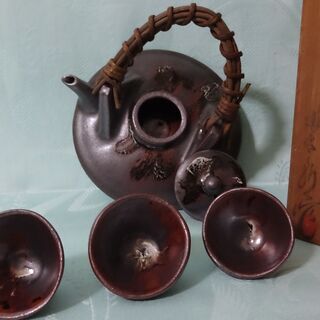 ★ 年代物 未使用品 黒千代香 盃3個付 酒器 指宿長太郎作 鹿児島 薩摩 ★