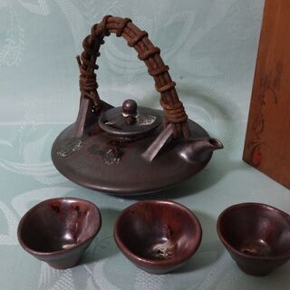 ★ 年代物 未使用品 黒千代香 盃3個付 酒器 指宿長太郎作 鹿児島 薩摩 ★