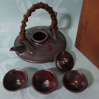 ★ 年代物 未使用品 黒千代香 盃3個付 酒器 指宿長太郎作 鹿児島 薩摩 ★
