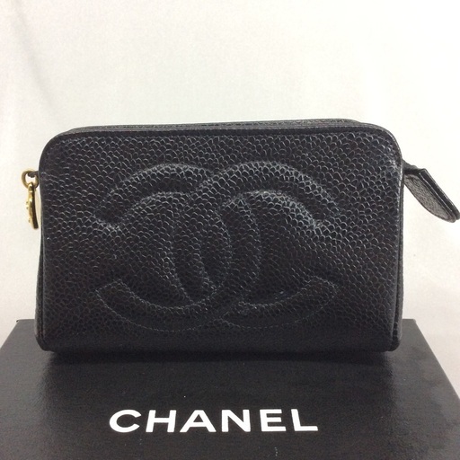 CHANEL シャネル　黒キャビアスキン　コスメポーチ アンティーク レトロモダン