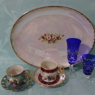 ★ 未使用品 大皿 ティーカップ ソーサー 切子ワイングラス セット ★