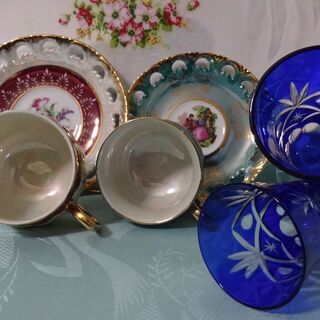 ★ 未使用品 大皿 ティーカップ ソーサー 切子ワイングラス セット ★