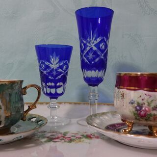 ★ 未使用品 大皿 ティーカップ ソーサー 切子ワイングラス セット ★