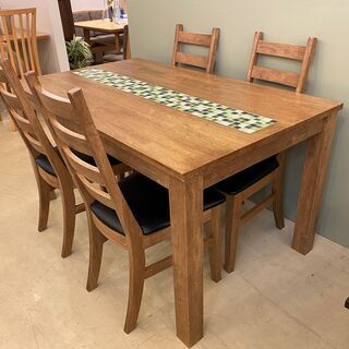 ダイニングテーブルセット 5点セット ブラウン 天板タイル仕上げ グリーンタイル 中古品
