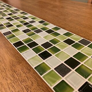 ダイニングテーブルセット 5点セット ブラウン 天板タイル仕上げ グリーンタイル 中古品