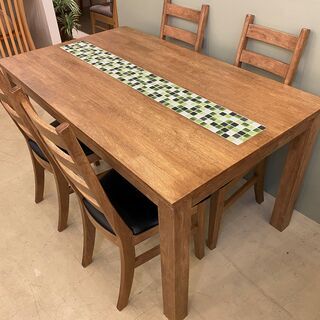 ダイニングテーブルセット 5点セット ブラウン 天板タイル仕上げ グリーンタイル 中古品