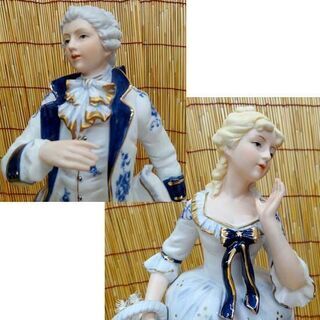 Demain ドマン 陶器人形 男女ペア ペティ フルール ブルー プペー 小花のお人形 高さ 35cm セット　貴婦人 置物 アンティーク インテリア ☆ PayPay(ペイペイ)決済可能 ☆ 札幌市 豊平区 平岸 Demain ドマン 陶器人形 男女ペア ペティ フルール ブルー