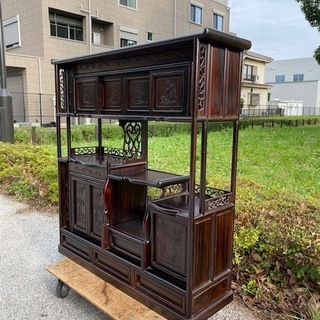 ◎お値下げしました‼️☆早いもの勝ち‼️逸品 紫檀 総無垢材 飾り棚 違い棚 煎茶棚 抽斗 サイドボード煎茶棚水屋食器棚箪笥茶道具唐木縞黒檀三大銘木