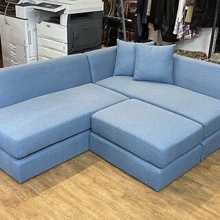 (Y)北大前! 札幌 引取  NOCE/ノーチェ 3ピース ソファ 8041 L字ソファ+オットマン ブルー/青 現行品 中古家具 【脚欠品】