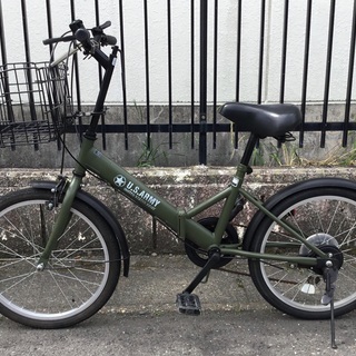 ＜良品＞ミリタリー風・20インチ・折り畳み自転車・シマノ6段変速・折畳カゴ付き・調整・洗車・ワックス済み