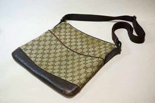 【苫小牧バナナ】GUCCI/グッチ ショルダーバッグ 145857 GG キャンバスレザー ブラウン ベージュ メンズ レディース 現状品♪
