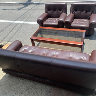 中古 美品 応接セット リビングセット 牛革 3人掛け 1人掛け(家1-