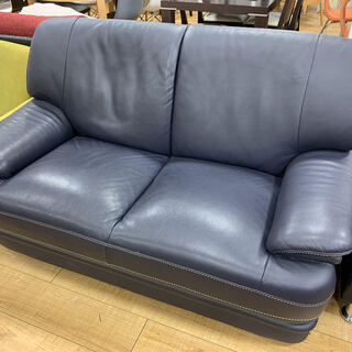 2人掛けソファー ネイビー 合皮 【トレファク南柏店】