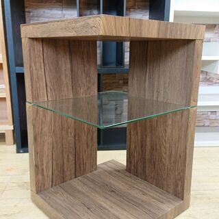 ★サイドテーブル コーナーテーブル 木製 ガラス棚付き  40×...