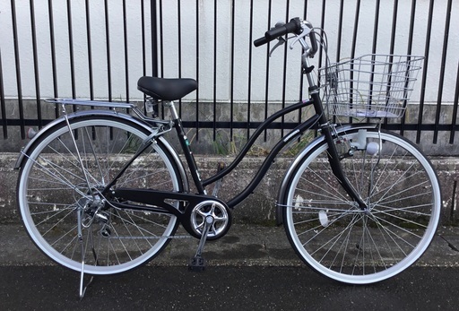 ＜新品同様！＞シティサイクル・27インチ自転車・シマノ6段変速・ブラック・LEDライト 鍵付き・調整・洗車・ワックス済でピカピカ！