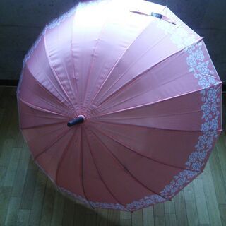 [終了]【手渡希望】サーモンピンクのアジサイ柄ワンタッチ式雨傘
